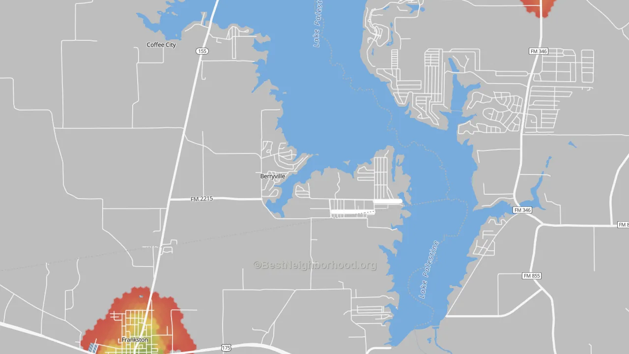 Walk Grade map of Berryville, TX, walkable areas in green and car-dependent areas in red