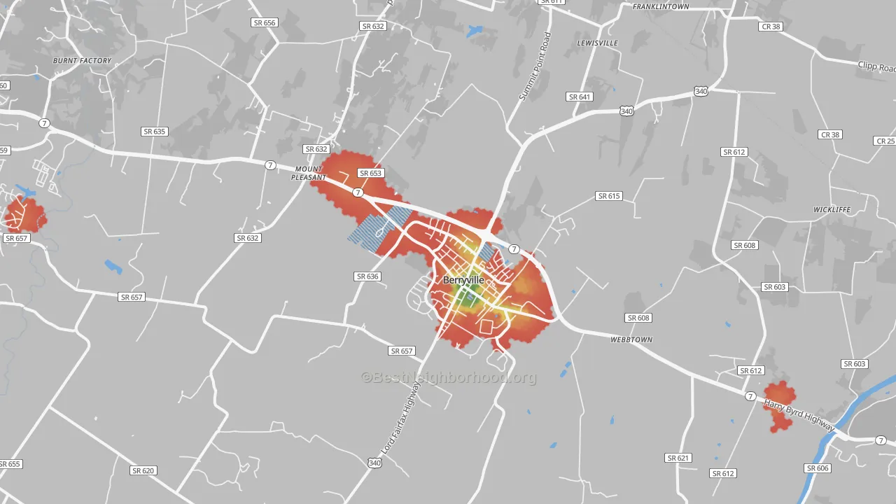 Walk Grade map of Berryville, VA, walkable areas in green and car-dependent areas in red