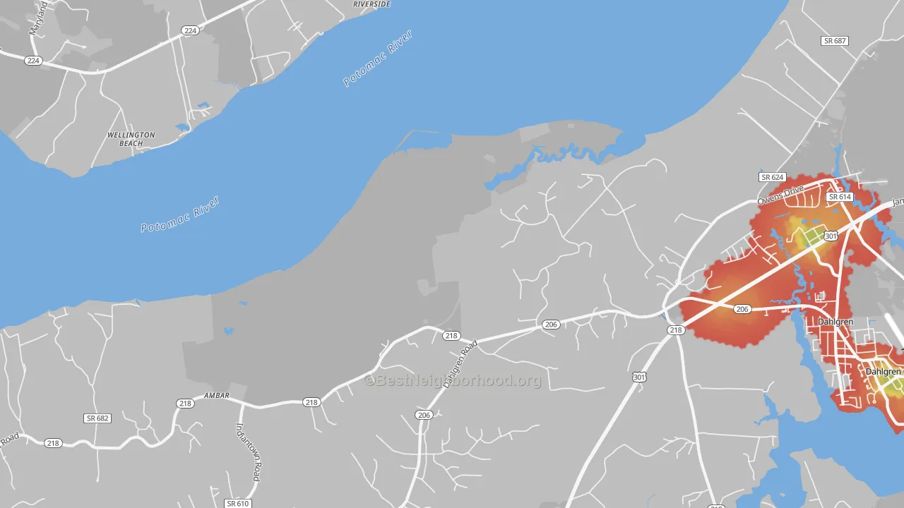 Walk Grade map of Berthaville, VA, walkable areas in green and car-dependent areas in red