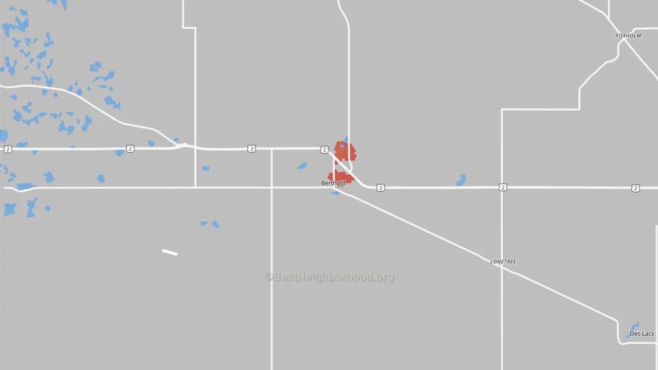 Walk Grade map of Berthold, ND, walkable areas in green and car-dependent areas in red