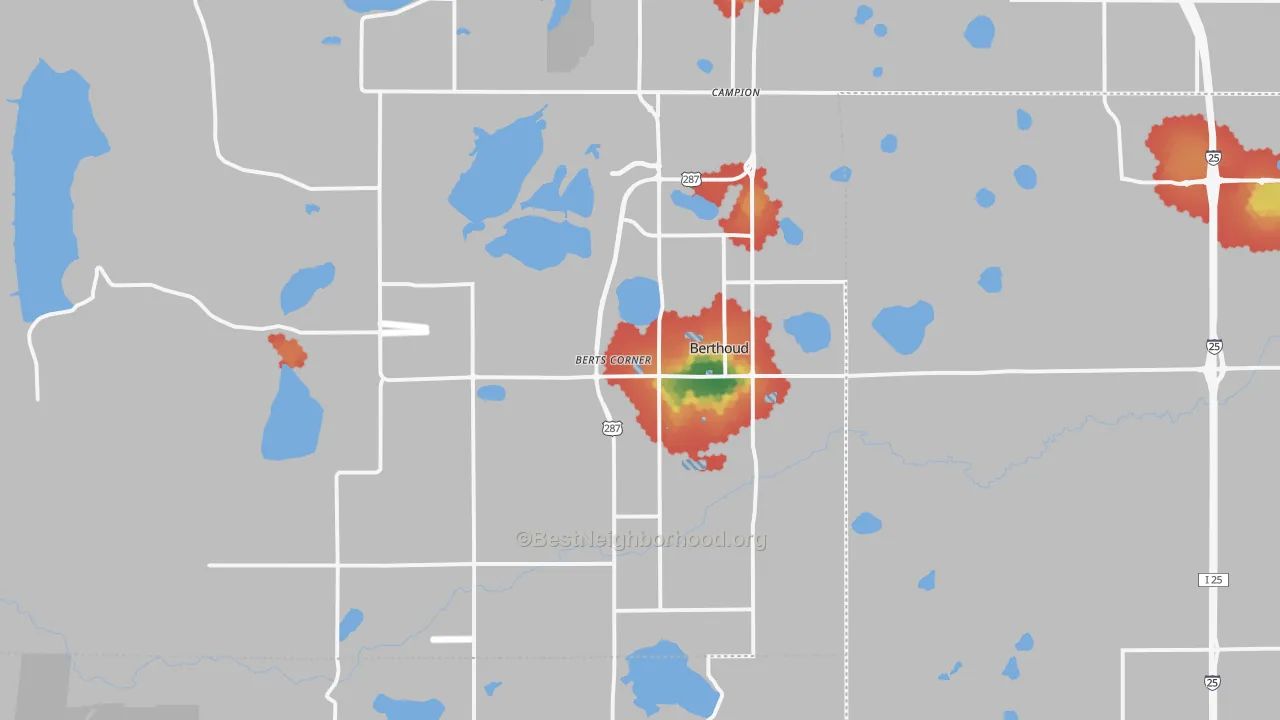 Walk Grade map of Berthoud, CO, walkable areas in green and car-dependent areas in red