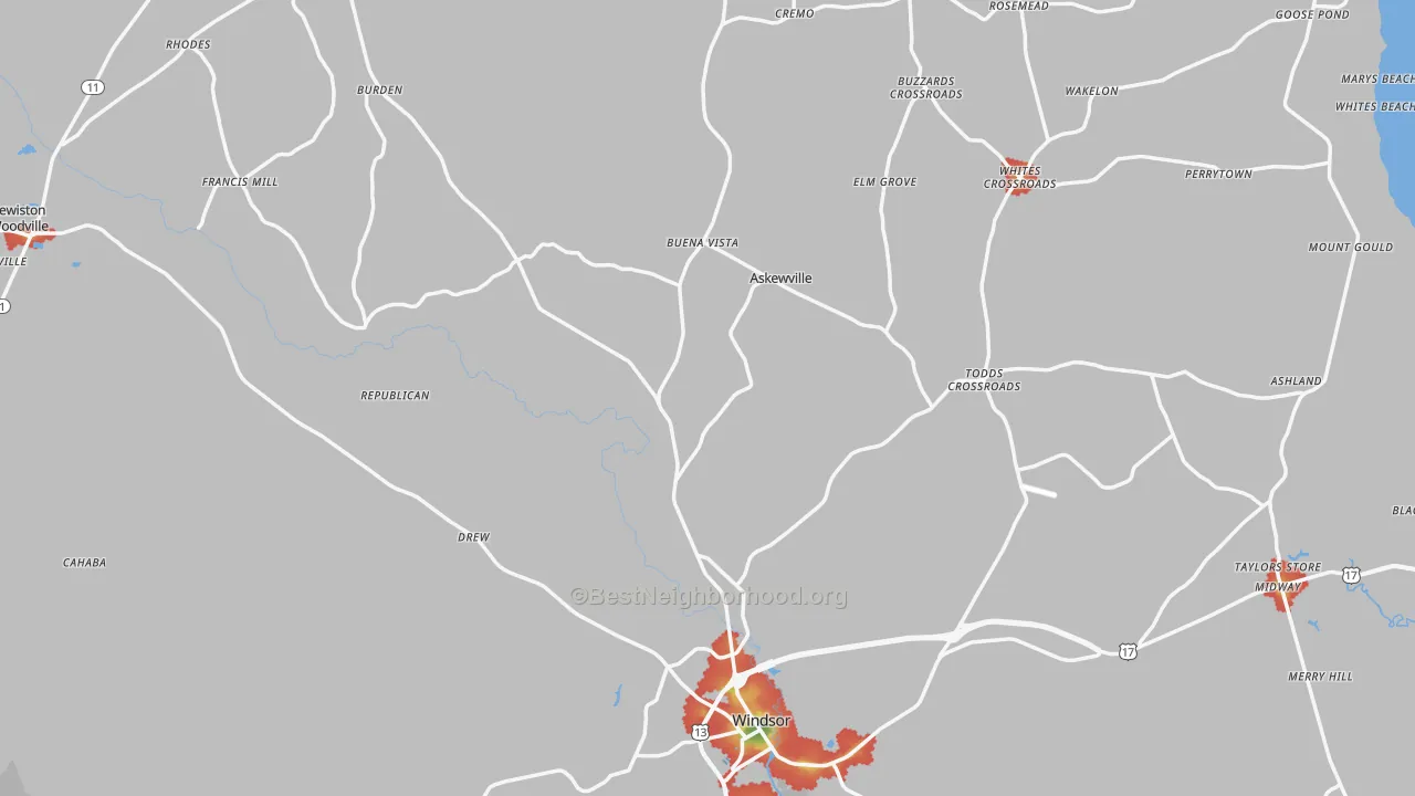 Walk Grade map of Bertie County, NC, walkable areas in green and car-dependent areas in red
