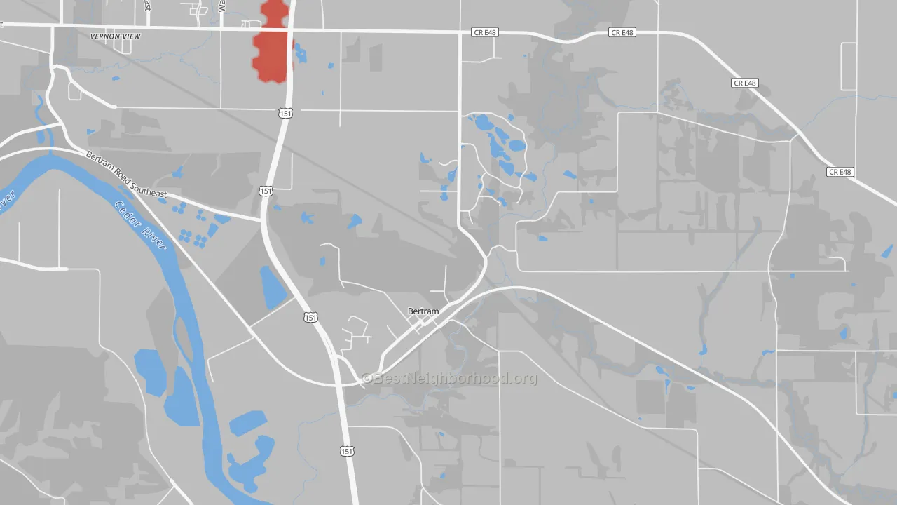 Walk Grade map of Bertram, IA, walkable areas in green and car-dependent areas in red