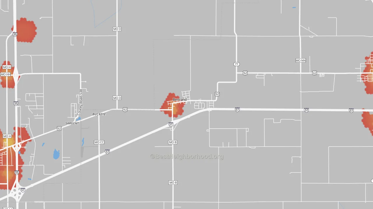 Walk Grade map of Bertrand, MO, walkable areas in green and car-dependent areas in red