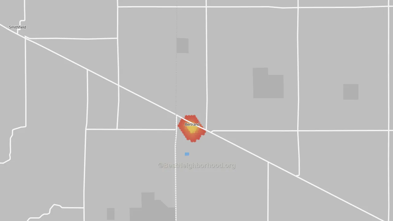 Walk Grade map of Bertrand, NE, walkable areas in green and car-dependent areas in red