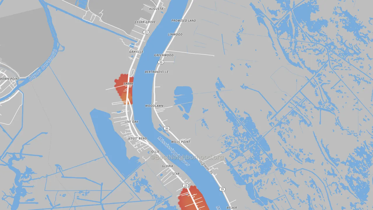 Walk Grade map of Bertrandville, LA, walkable areas in green and car-dependent areas in red