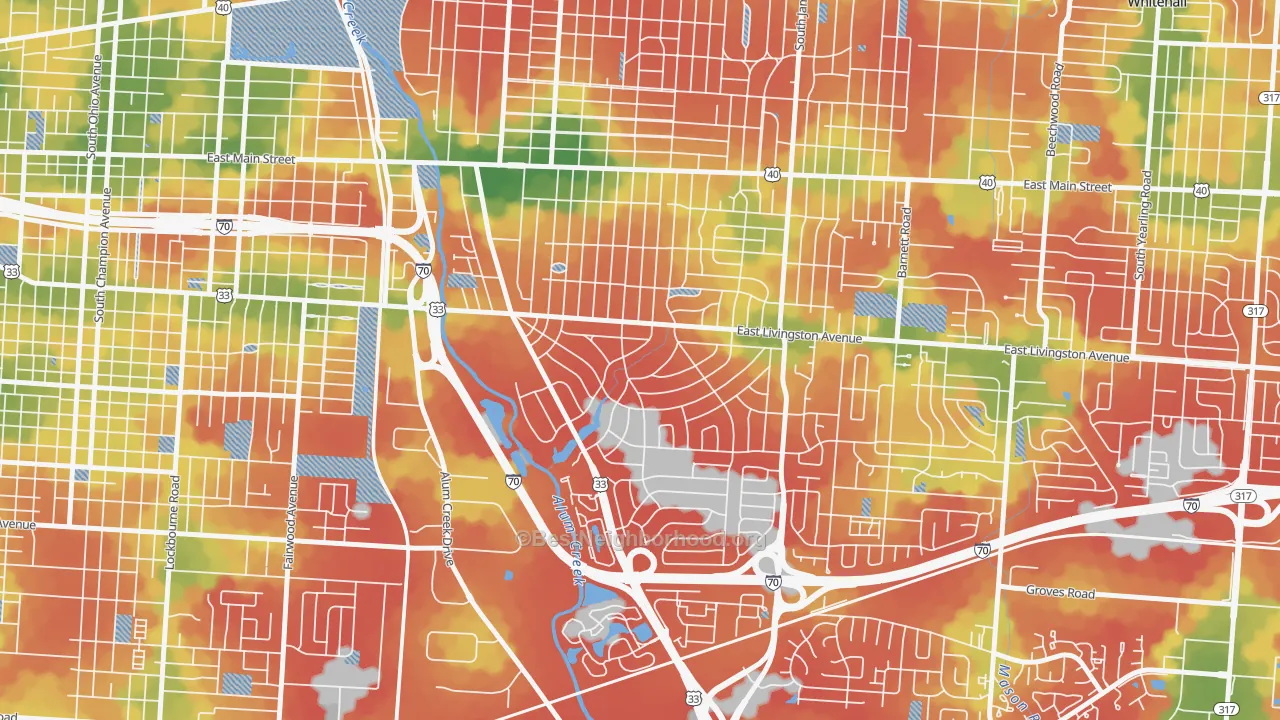 Walk Grade map of Berwick, Columbus, OH, walkable areas in green and car-dependent areas in red
