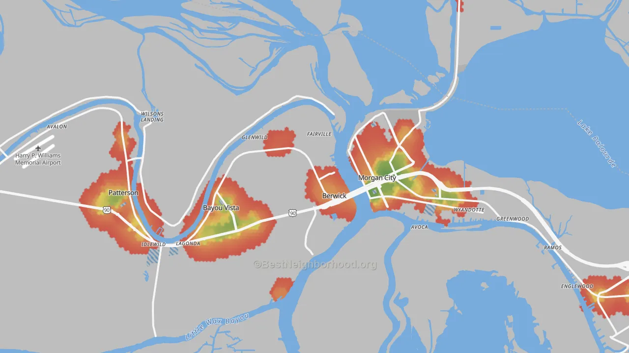Walk Grade map of Berwick, LA, walkable areas in green and car-dependent areas in red