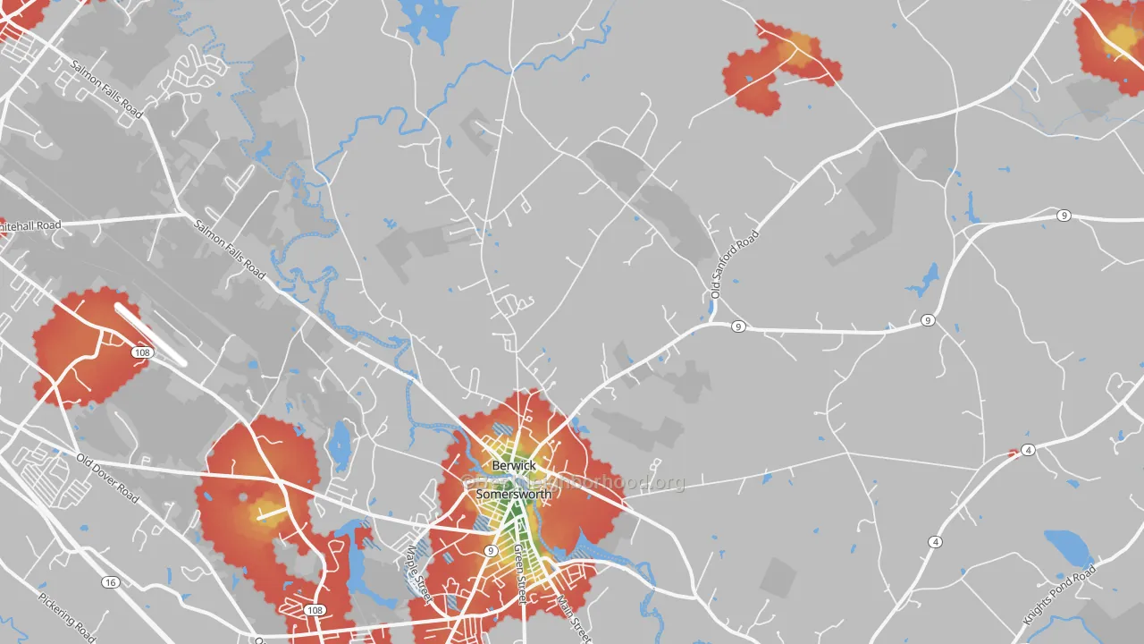 Walk Grade map of Berwick, ME, walkable areas in green and car-dependent areas in red