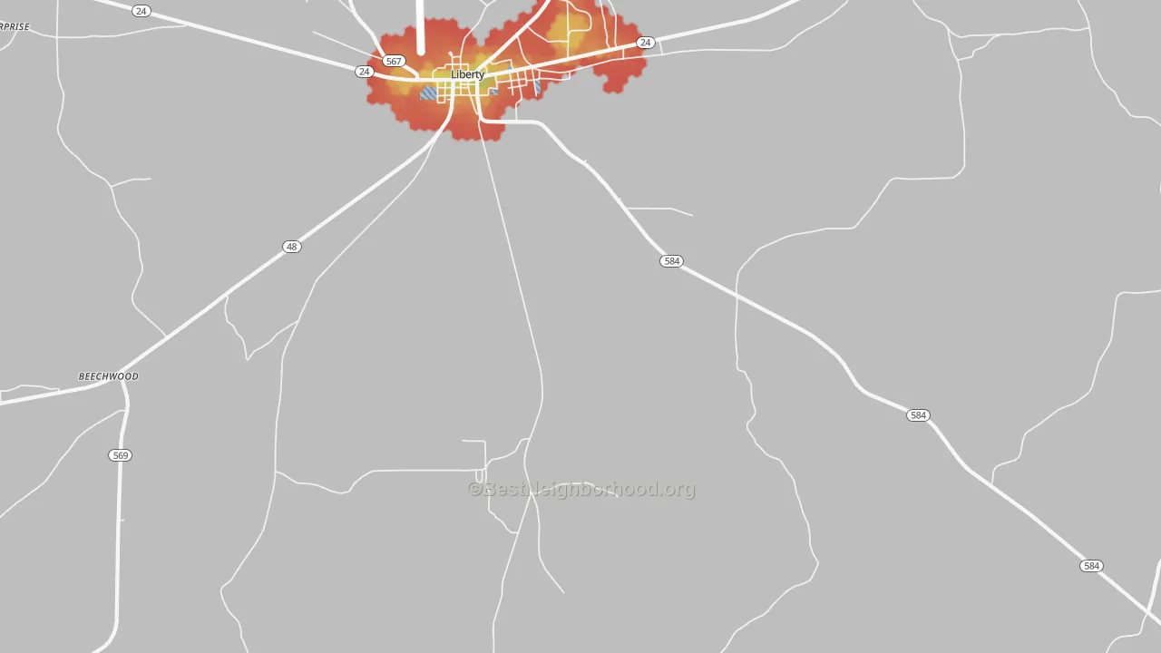 Walk Grade map of Berwick, MS, walkable areas in green and car-dependent areas in red