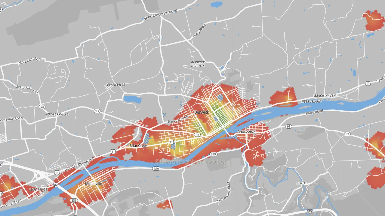 Walk Grade map of Berwick, PA, walkable areas in green and car-dependent areas in red