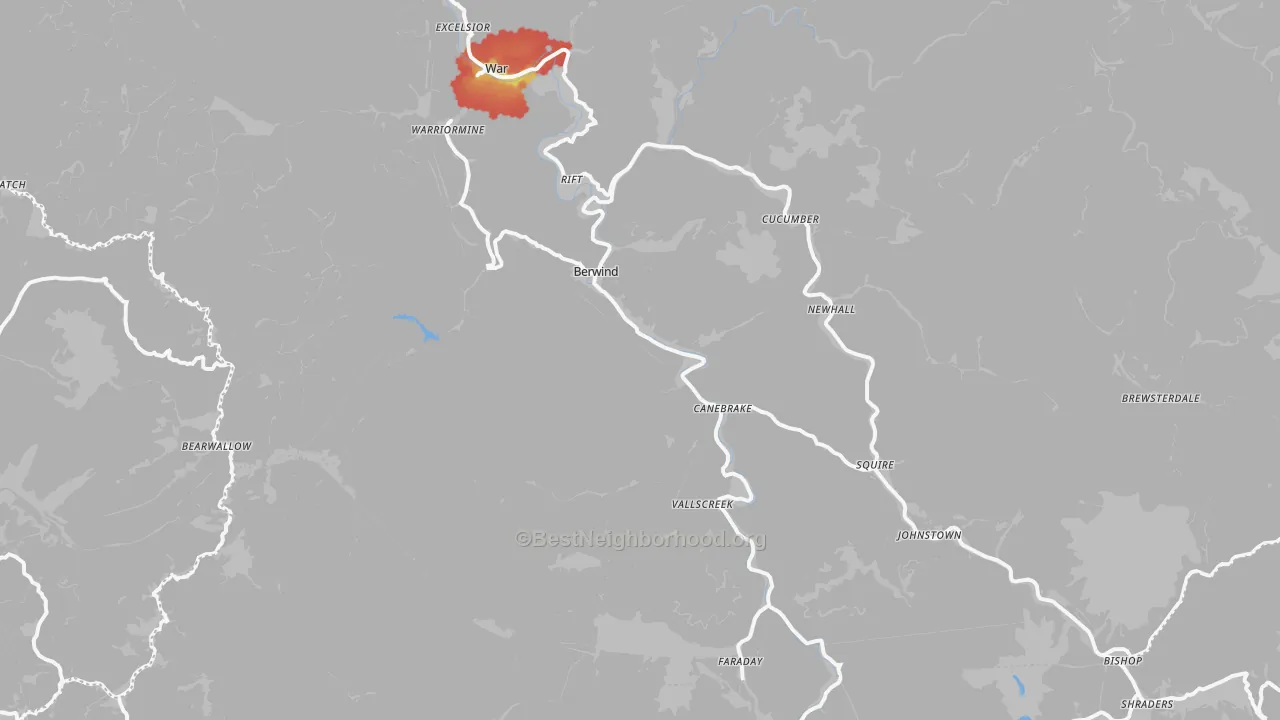 Walk Grade map of Berwind, WV, walkable areas in green and car-dependent areas in red
