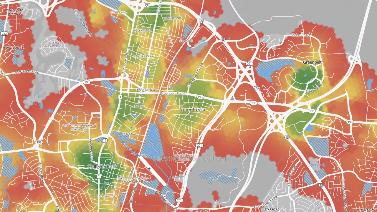 Walk Grade map of Berwyn Heights, MD, walkable areas in green and car-dependent areas in red