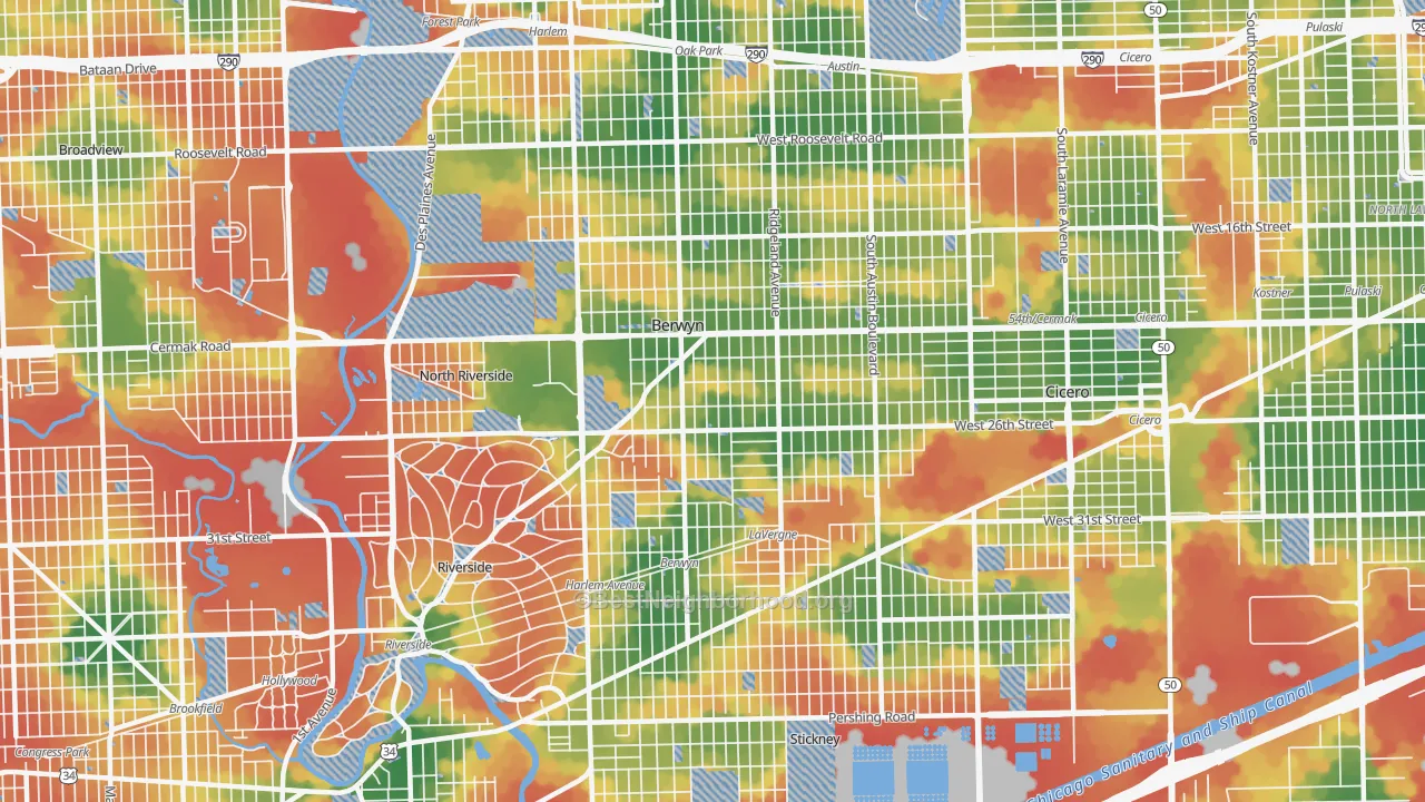 Walk Grade map of Berwyn, IL, walkable areas in green and car-dependent areas in red
