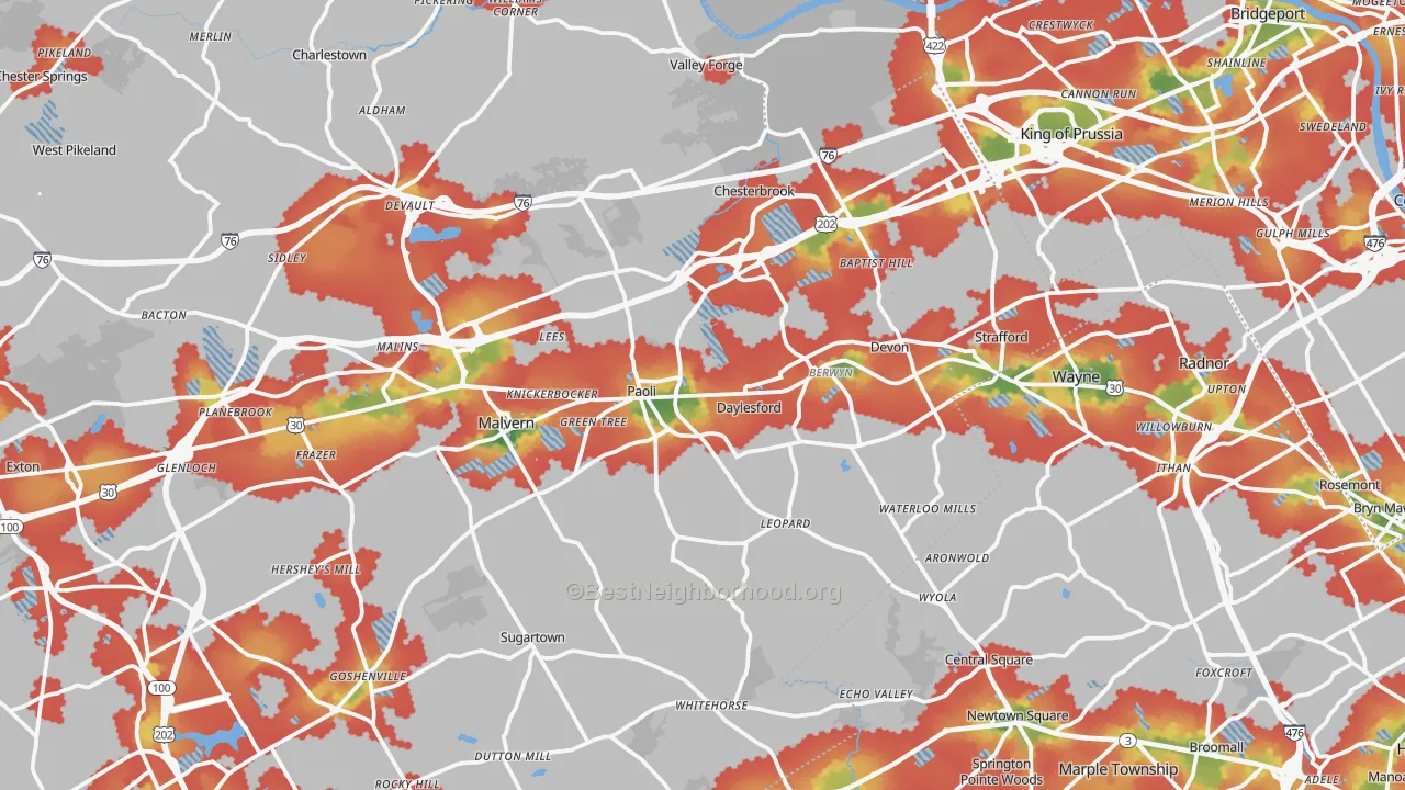 Walk Grade map of Berwyn, PA, walkable areas in green and car-dependent areas in red