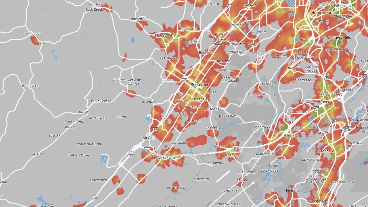 Walk Grade map of Bessemer, AL, walkable areas in green and car-dependent areas in red