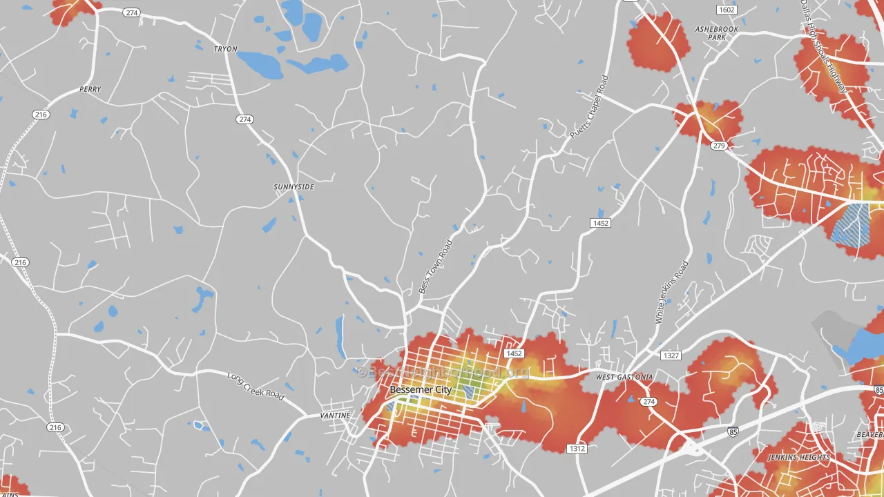Walk Grade map of Bessemer City, NC, walkable areas in green and car-dependent areas in red