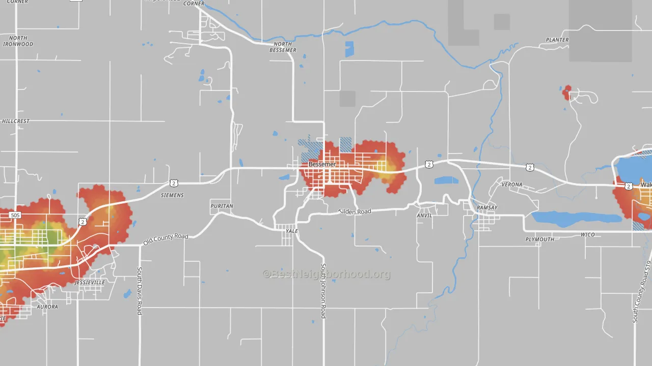 Walk Grade map of Bessemer, MI, walkable areas in green and car-dependent areas in red