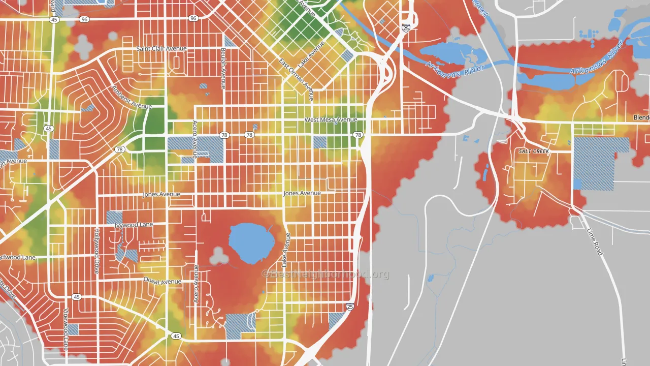 Walk Grade map of Bessemer, Pueblo, CO, walkable areas in green and car-dependent areas in red