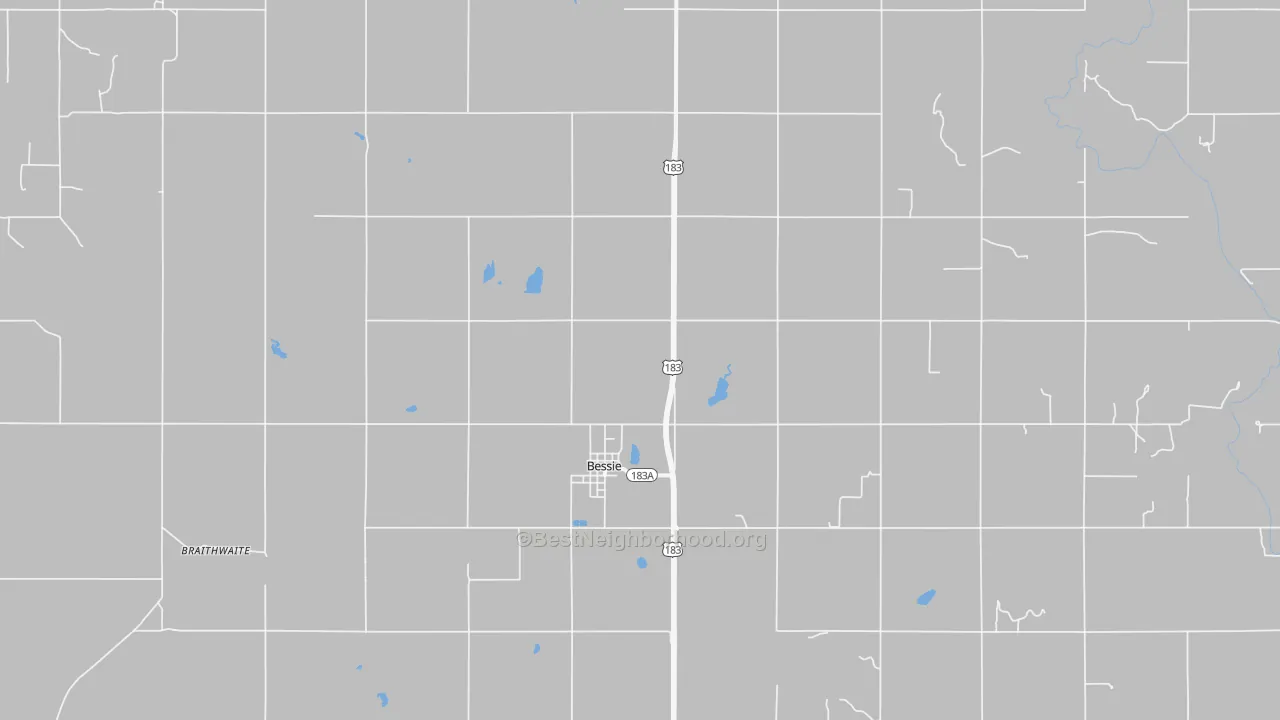 Walk Grade map of Bessie, OK, walkable areas in green and car-dependent areas in red