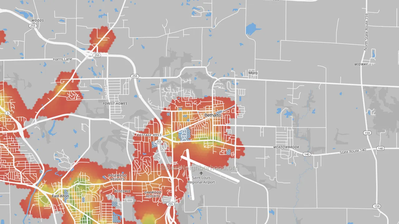 Walk Grade map of Bethalto, IL, walkable areas in green and car-dependent areas in red