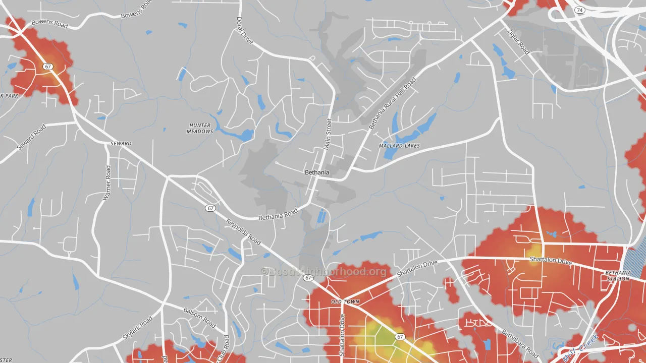 Walk Grade map of Bethania, NC, walkable areas in green and car-dependent areas in red