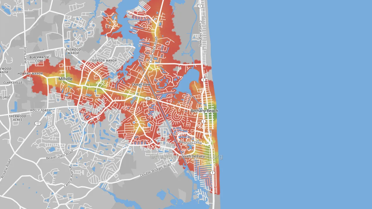 Walk Grade map of Bethany Beach, DE, walkable areas in green and car-dependent areas in red