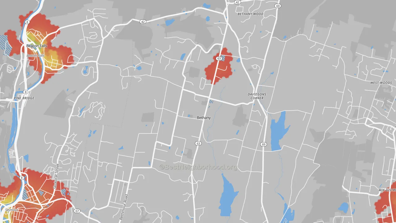 Walk Grade map of Bethany, CT, walkable areas in green and car-dependent areas in red