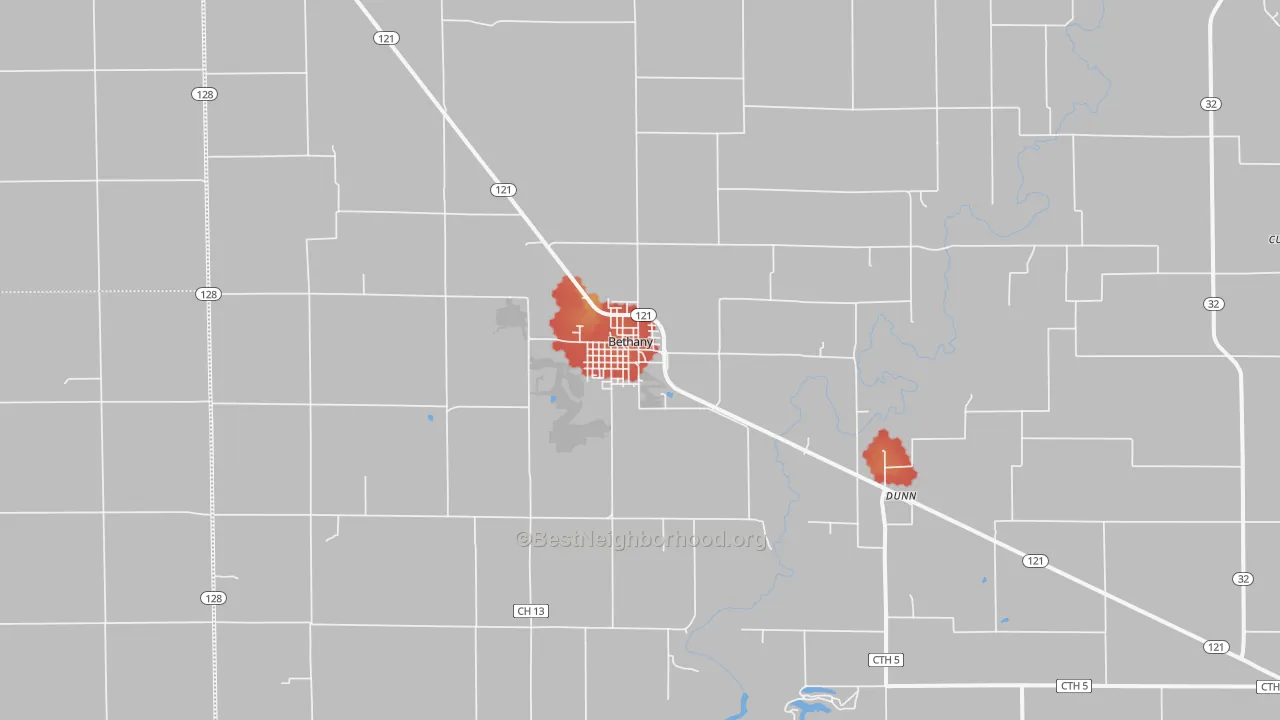 Walk Grade map of Bethany, IL, walkable areas in green and car-dependent areas in red