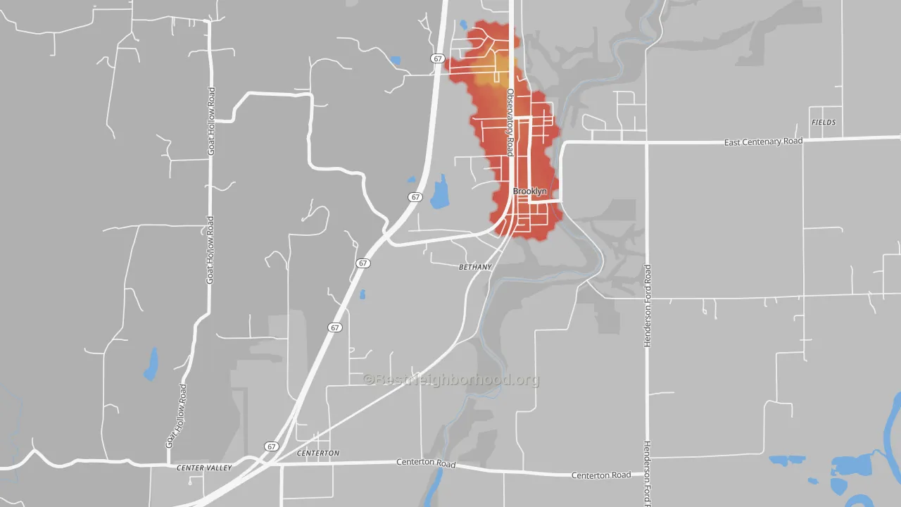 Walk Grade map of Bethany, IN, walkable areas in green and car-dependent areas in red