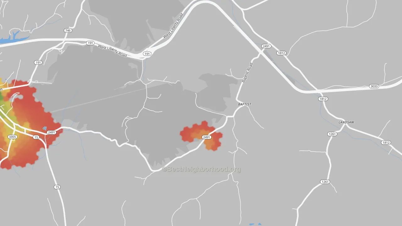 Walk Grade map of Bethany, KY, walkable areas in green and car-dependent areas in red