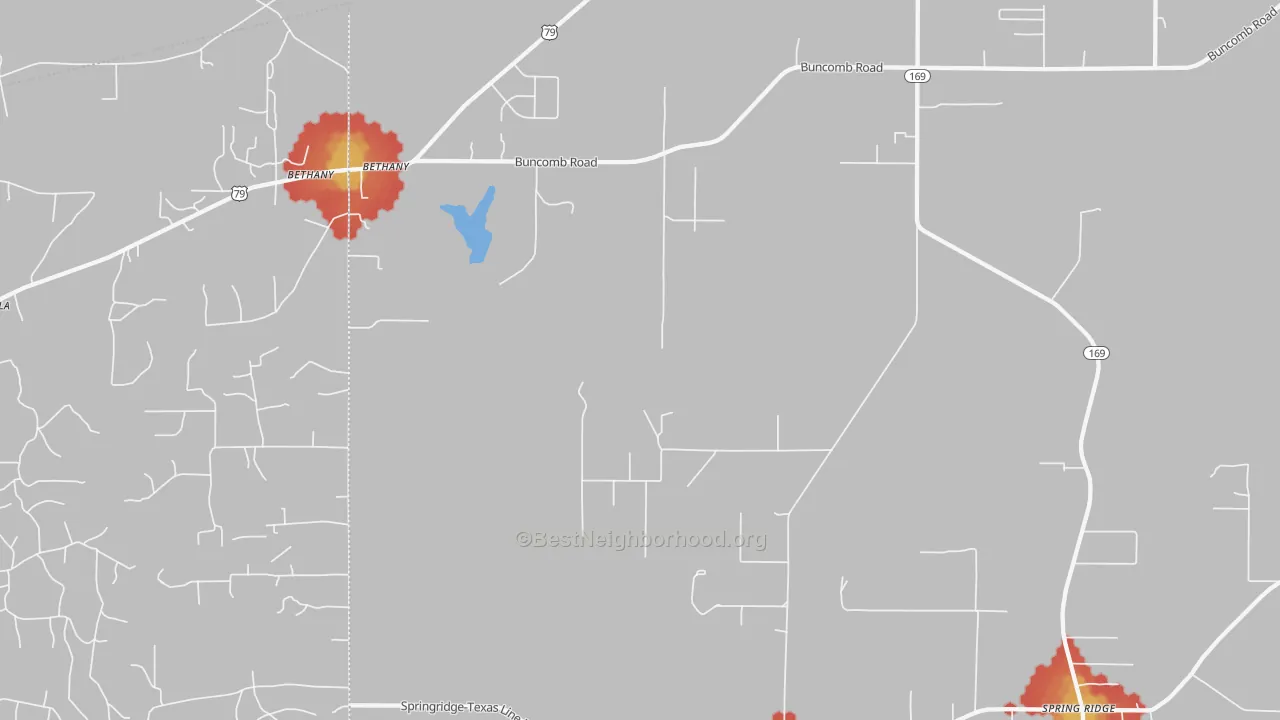 Walk Grade map of Bethany, LA, walkable areas in green and car-dependent areas in red