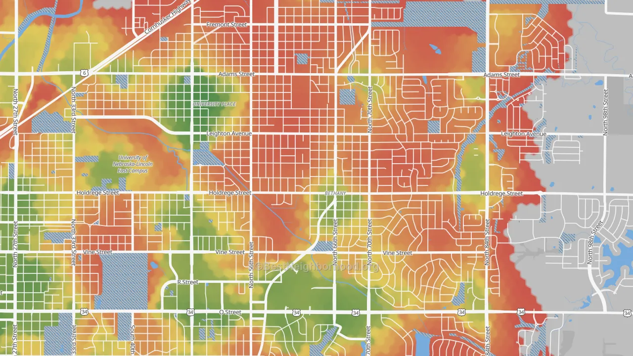 Walk Grade map of Bethany, Lincoln, NE, walkable areas in green and car-dependent areas in red