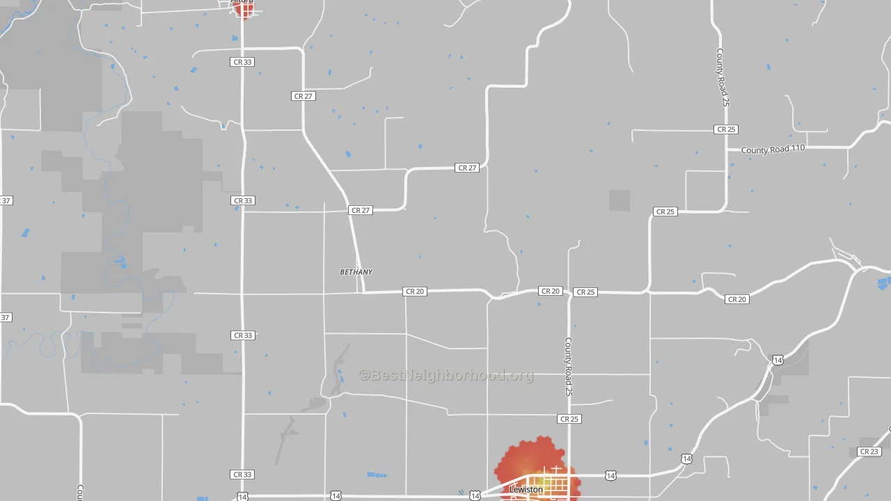 Walk Grade map of Bethany, MN, walkable areas in green and car-dependent areas in red