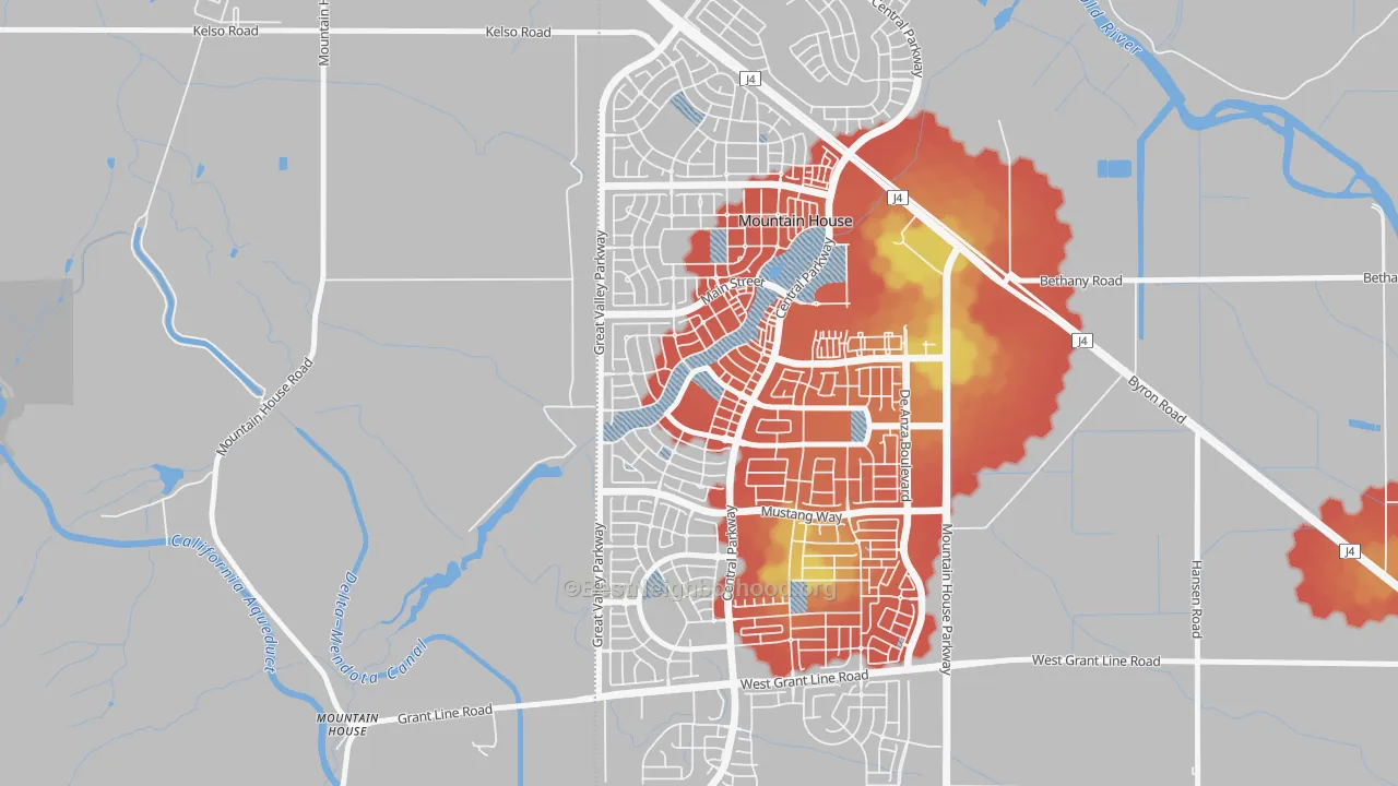 Walk Grade map of Bethany, Mountain House, CA, walkable areas in green and car-dependent areas in red