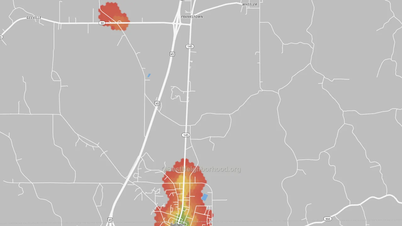 Walk Grade map of Bethany, MS, walkable areas in green and car-dependent areas in red