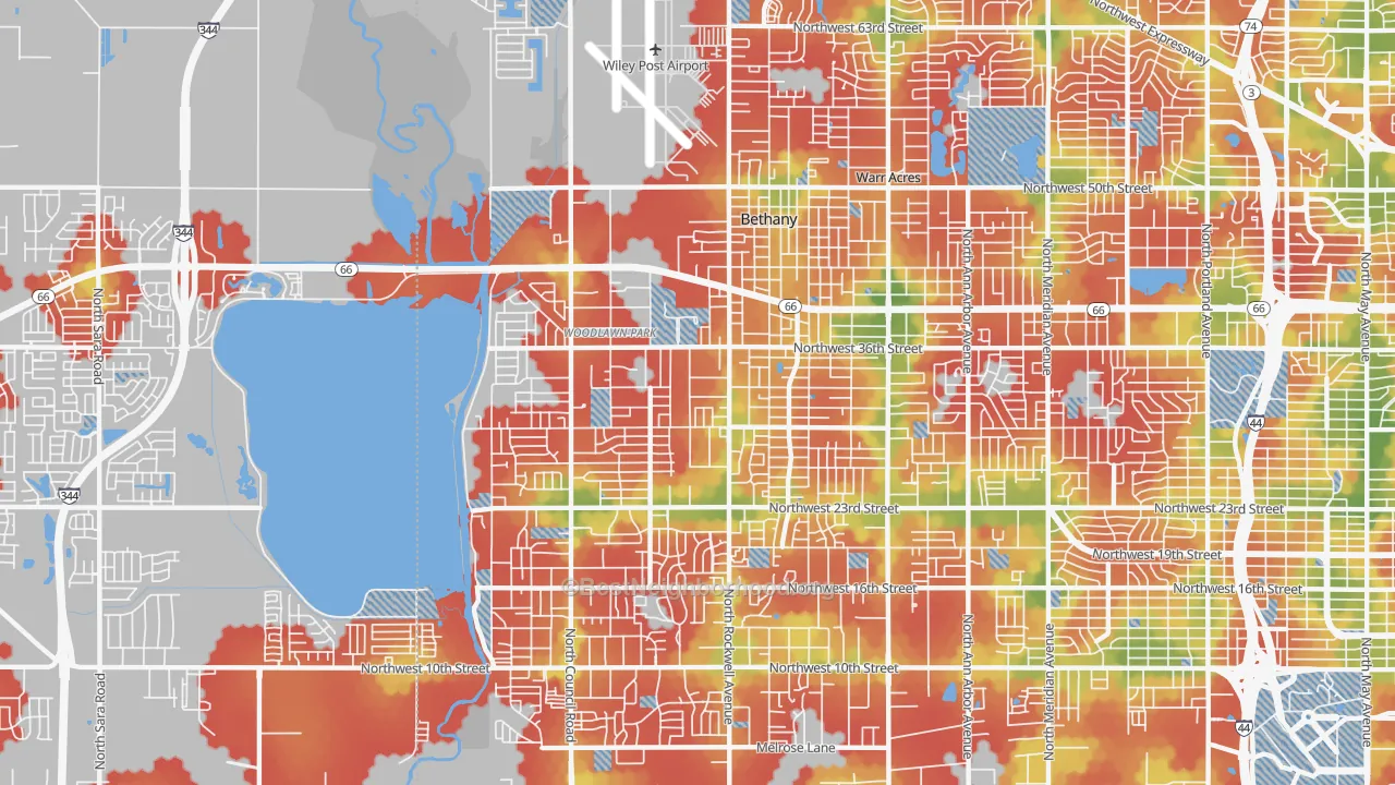Walk Grade map of Bethany, OK, walkable areas in green and car-dependent areas in red