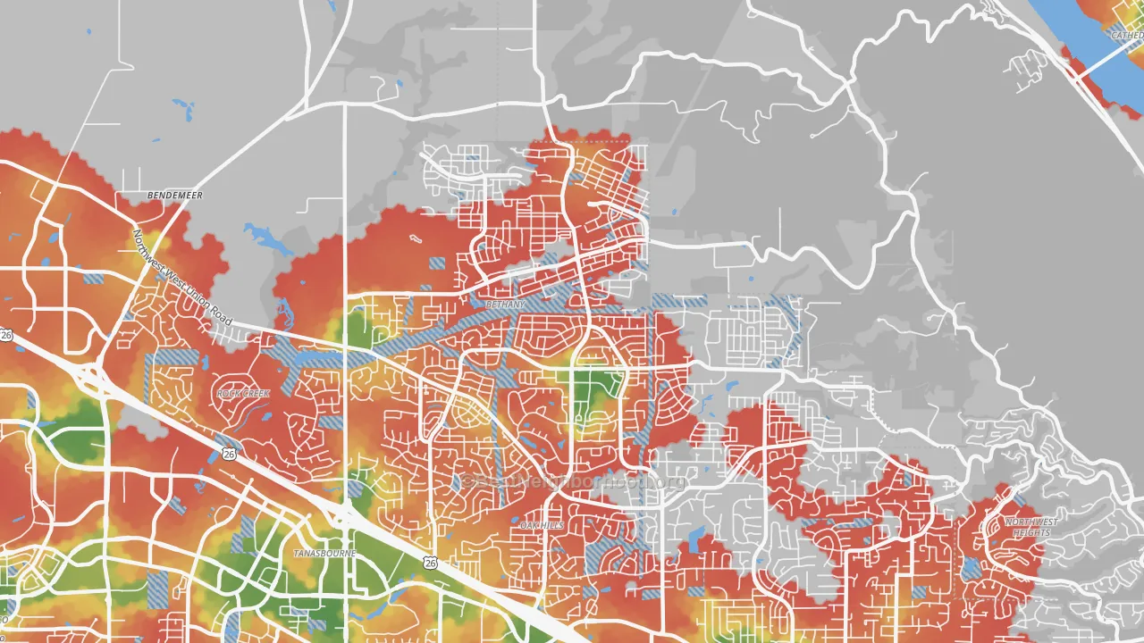 Walk Grade map of Bethany, OR, walkable areas in green and car-dependent areas in red