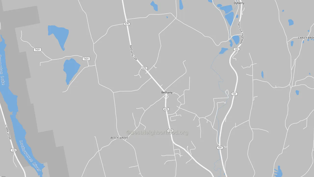 Walk Grade map of Bethany, PA, walkable areas in green and car-dependent areas in red
