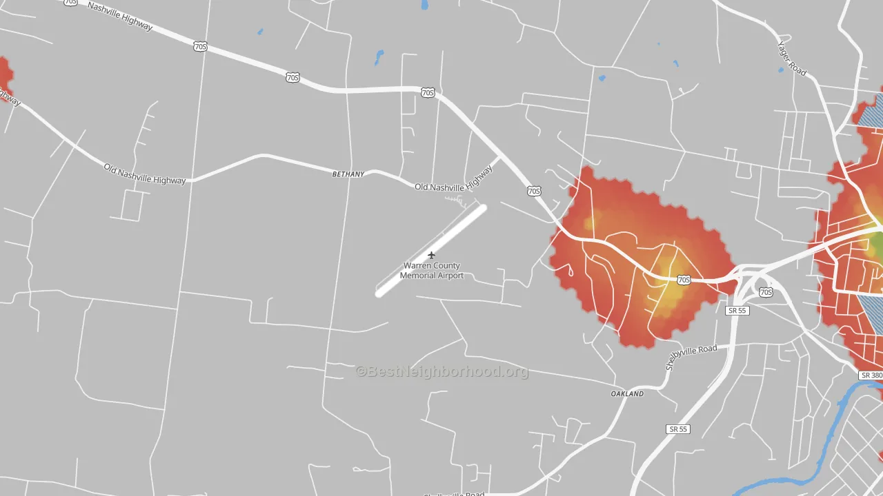 Walk Grade map of Bethany, TN, walkable areas in green and car-dependent areas in red