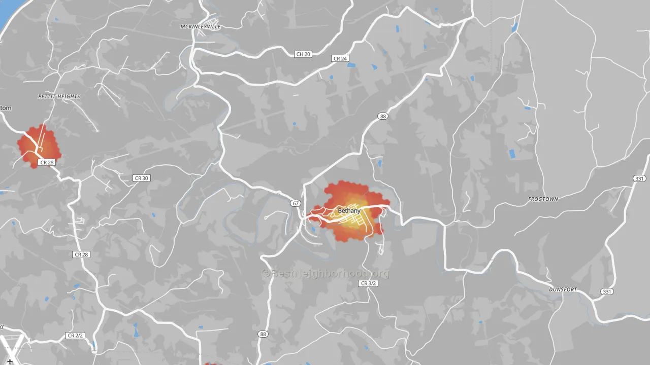 Walk Grade map of Bethany, WV, walkable areas in green and car-dependent areas in red