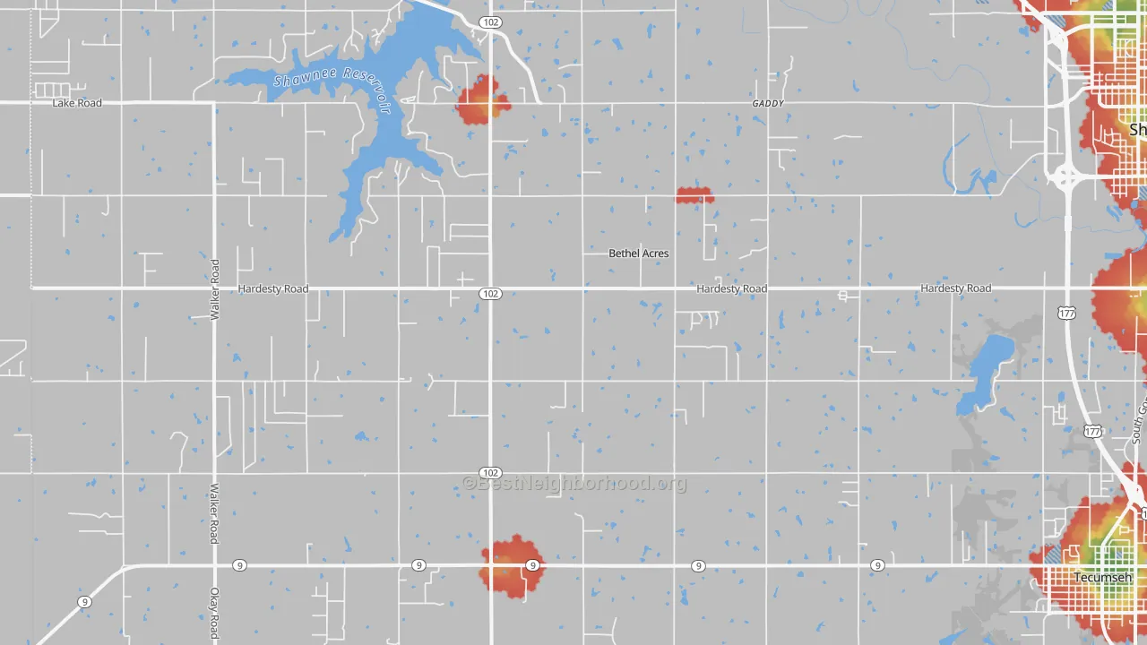 Walk Grade map of Bethel Acres, OK, walkable areas in green and car-dependent areas in red