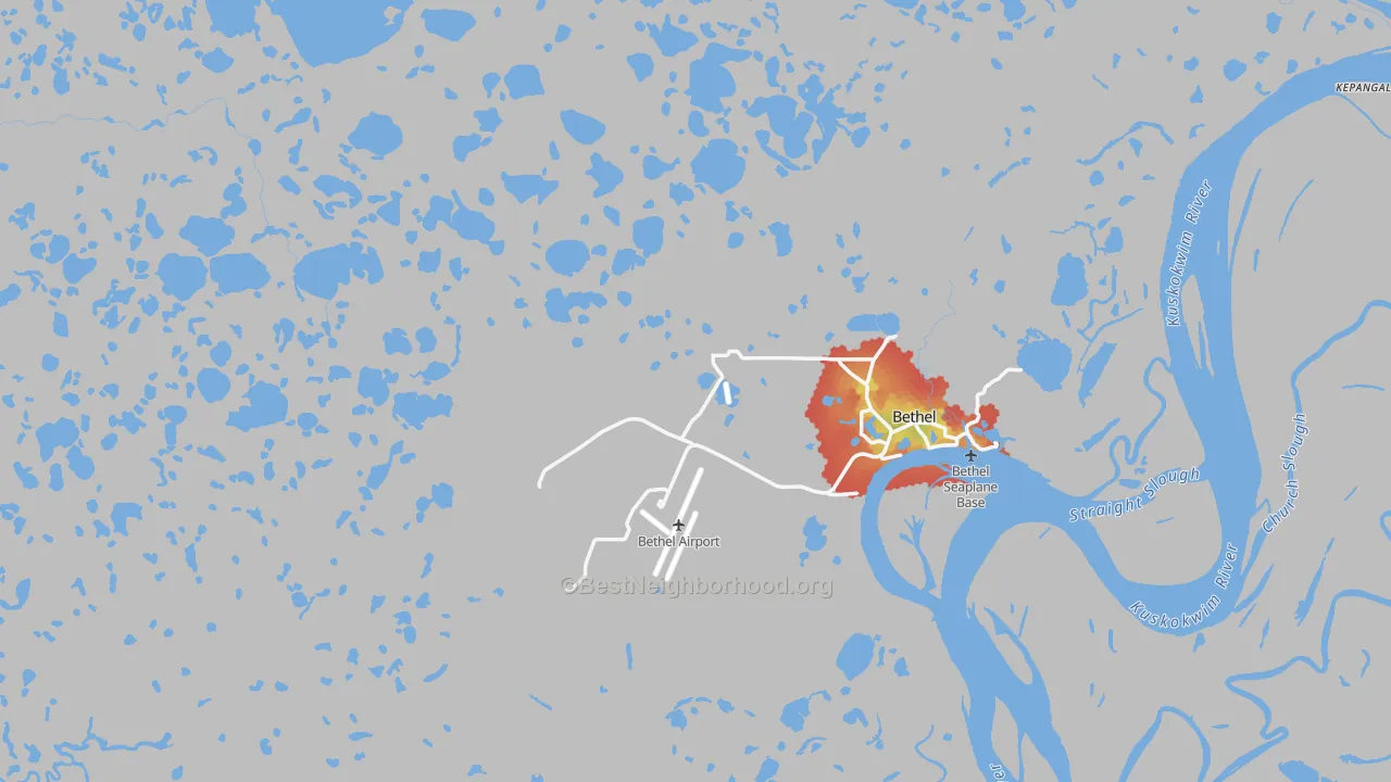 Walk Grade map of Bethel, AK, walkable areas in green and car-dependent areas in red