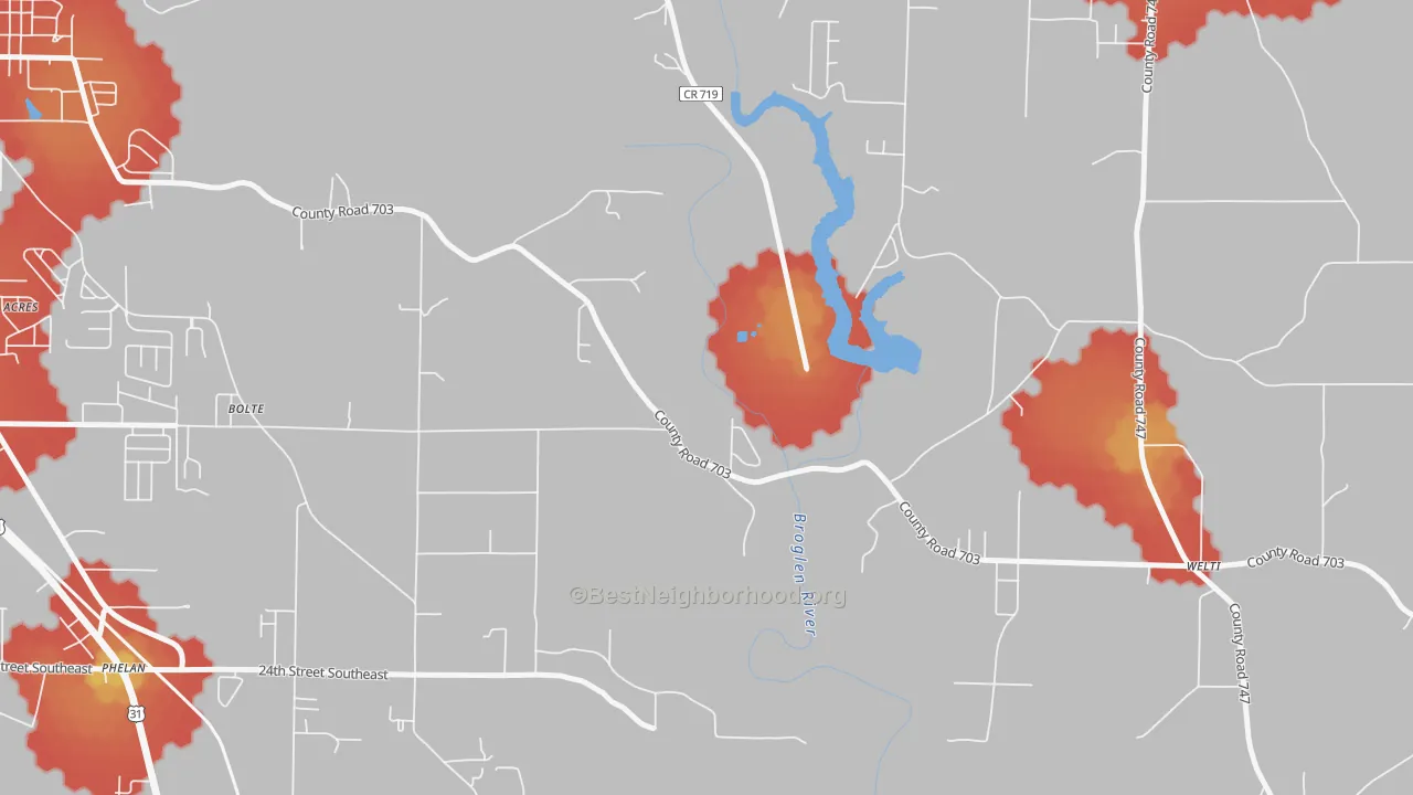 Walk Grade map of Bethel, AL, walkable areas in green and car-dependent areas in red