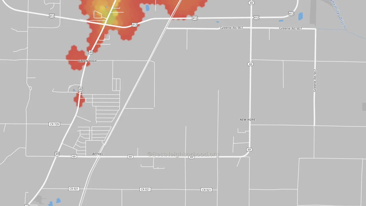 Walk Grade map of Bethel, AR, walkable areas in green and car-dependent areas in red