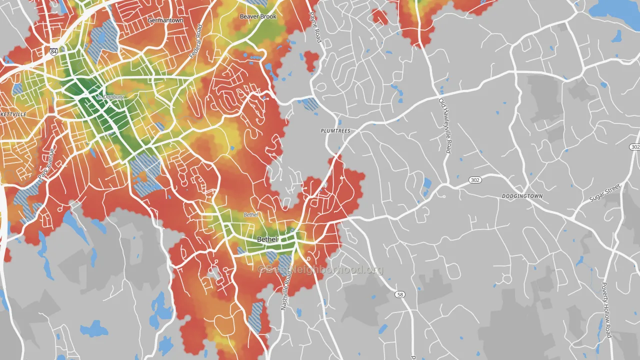 Walk Grade map of Bethel, CT, walkable areas in green and car-dependent areas in red
