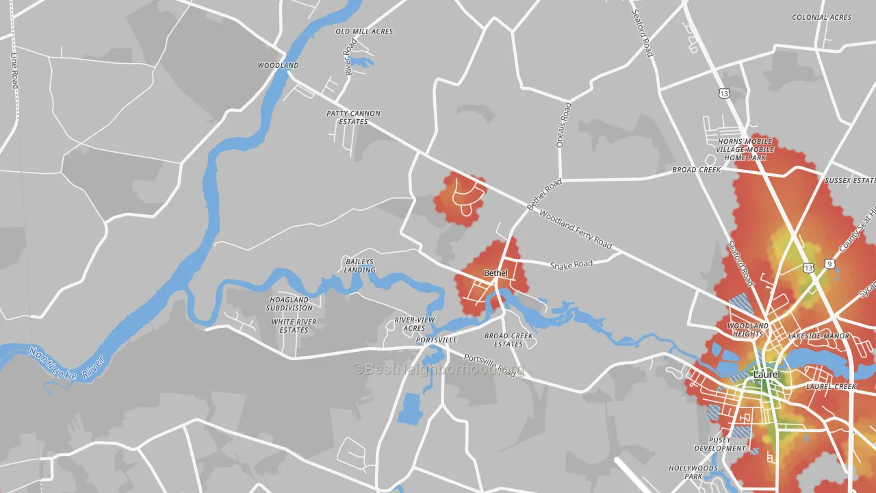 Walk Grade map of Bethel, DE, walkable areas in green and car-dependent areas in red