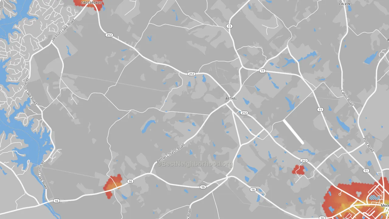 Walk Grade map of Bethel, GA, walkable areas in green and car-dependent areas in red