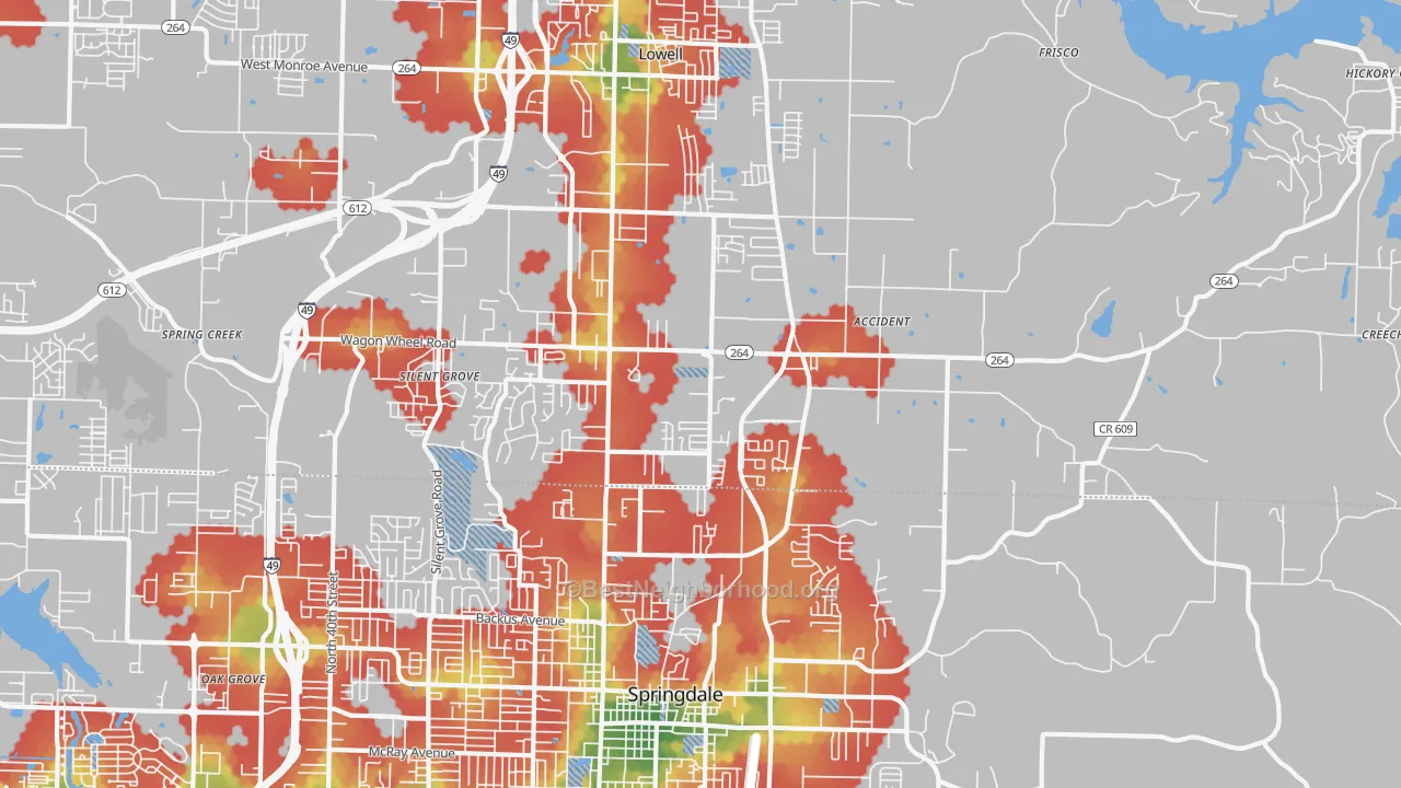 Walk Grade map of Bethel Heights, AR, walkable areas in green and car-dependent areas in red