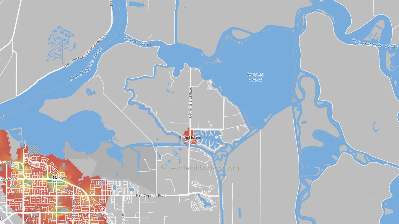 Walk Grade map of Bethel Island, CA, walkable areas in green and car-dependent areas in red